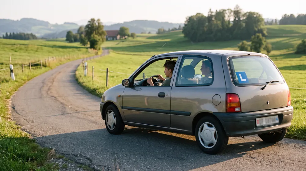 Ein Jugendlicher am Steuer eines Autos mit L-Schild auf einer Landstrasse, begleitet von einer erwachsenen Person