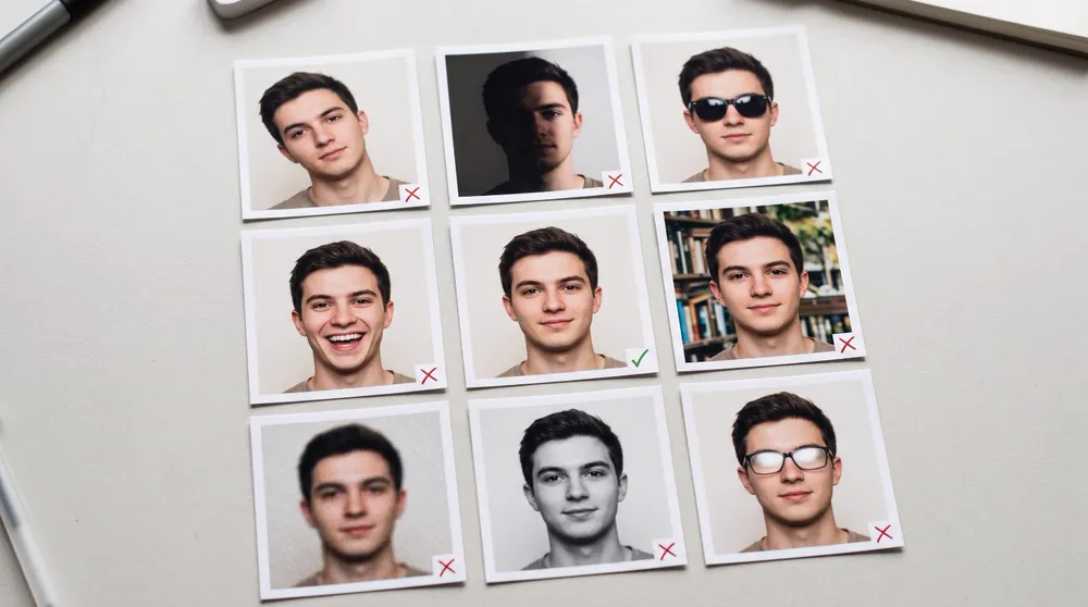 Nove fototessere della stessa persona: solo una è corretta, le altre sono storte, troppo scure, con occhiali da sole, a bocca aperta, davanti a uno sfondo disordinato, sfocate, in bianco e nero o con occhiali che riflettono